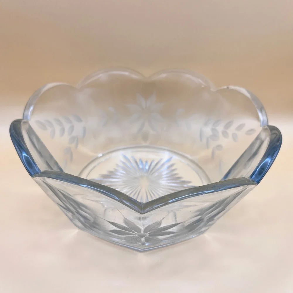 Vtg A.H Heisey Etched Clear‎ Glass Floral Starburst Scalloped Serving Bowl 7.25